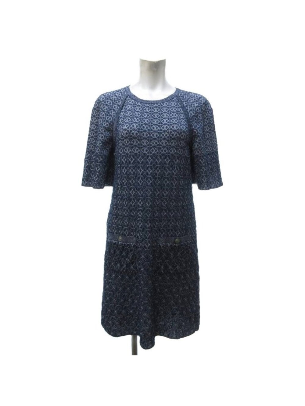 Chanel Glitter Dress Knee-Length Short Sleeve All Over Print Silk Crew Neck